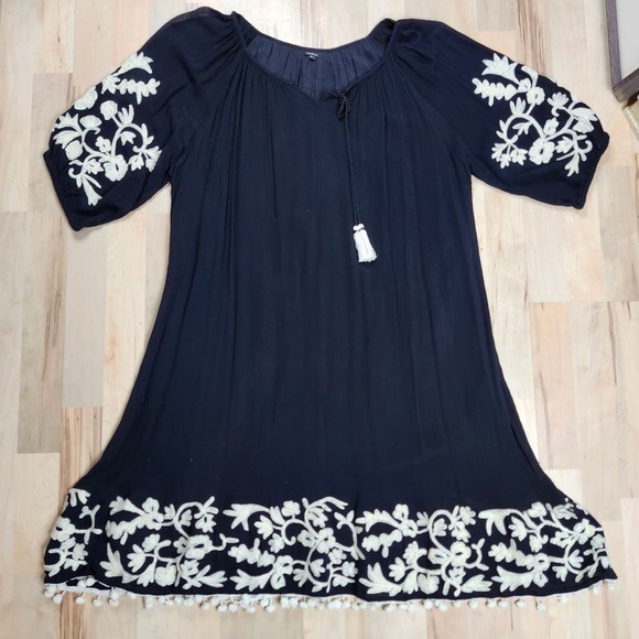 Natura Embroidered‎ Dress Floral Pom Pom Trim Boho Festival XL - Picture 1 of 6